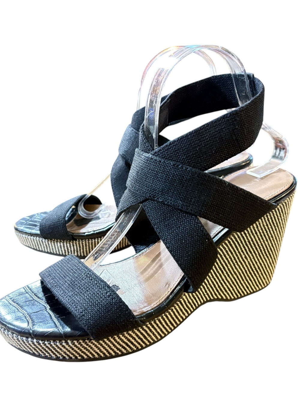 Donald J. Pliner Black Crisscross Fabric Wedge Sandals sz 9.5
